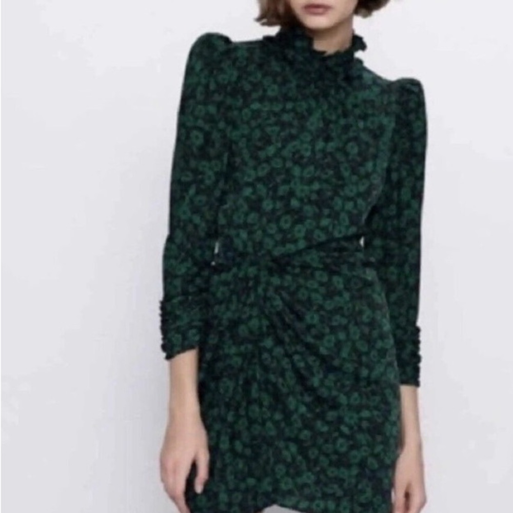 Zara Draped Ruffle Cuff Green Mini Dress Size Medium
